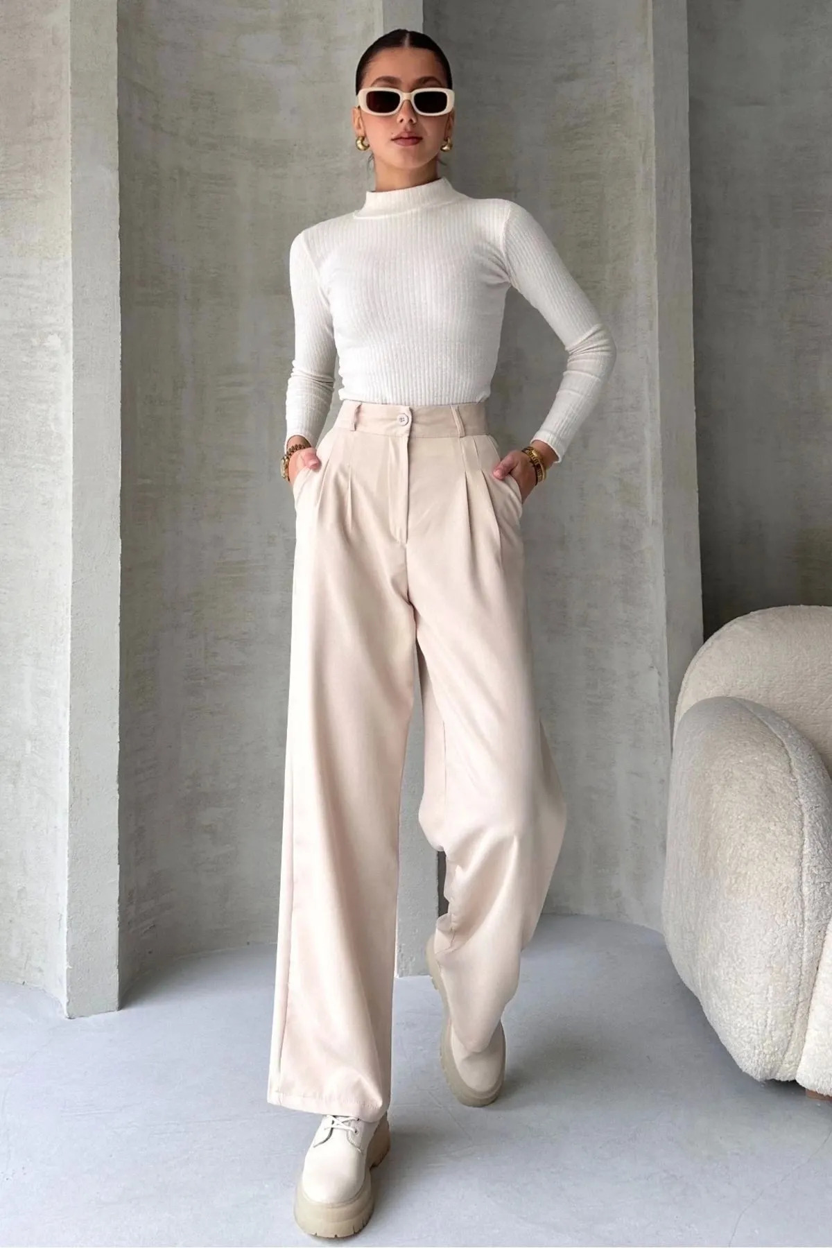 Bej Palazzo Pantolon Oversize Geniş Kesim Siyah Kumaş Pantolon