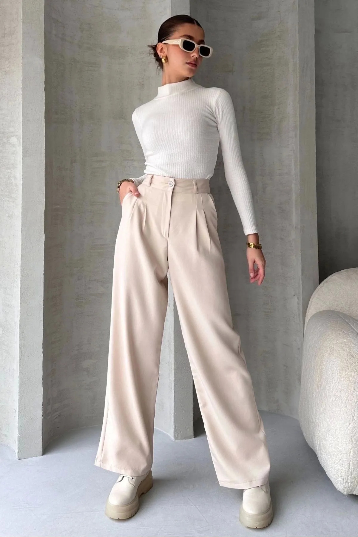 Bej Palazzo Pantolon Oversize Geniş Kesim Siyah Kumaş Pantolon - Görsel 3