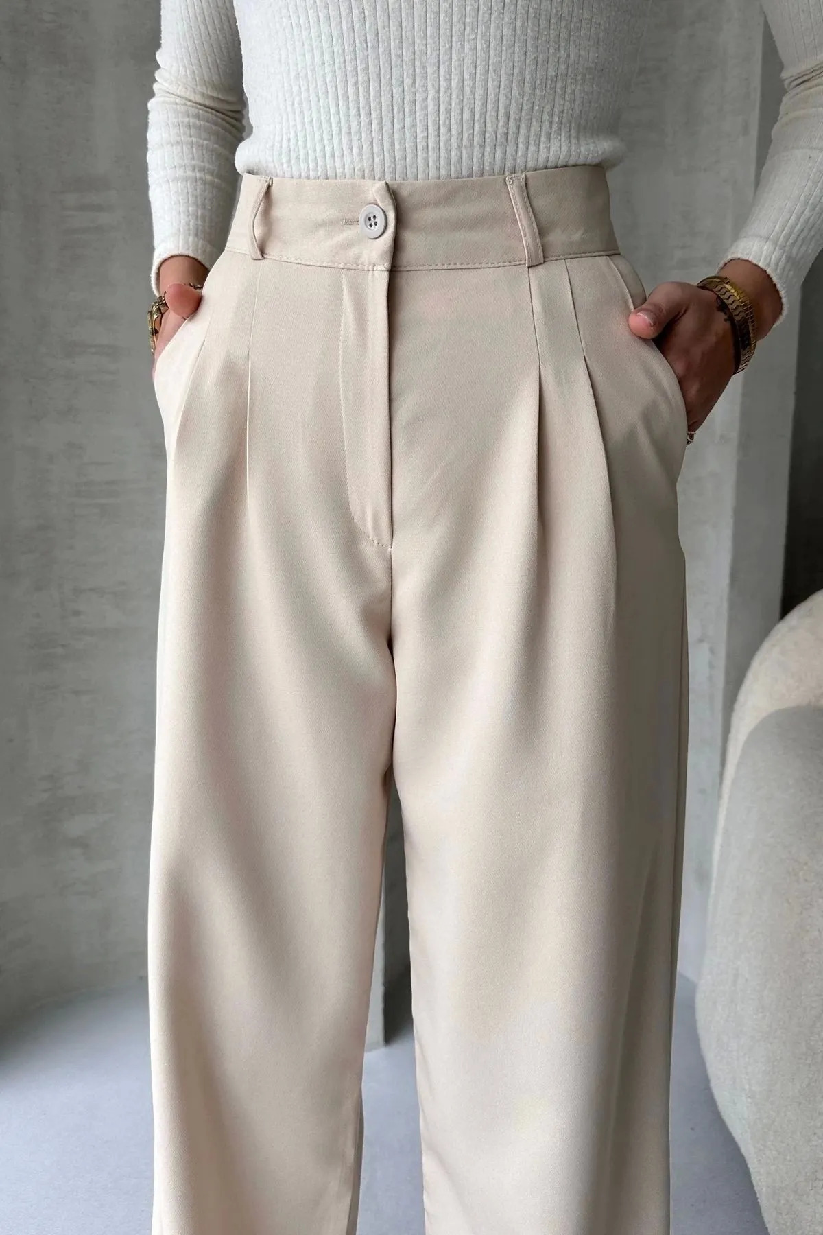 Bej Palazzo Pantolon Oversize Geniş Kesim Siyah Kumaş Pantolon - Görsel 4