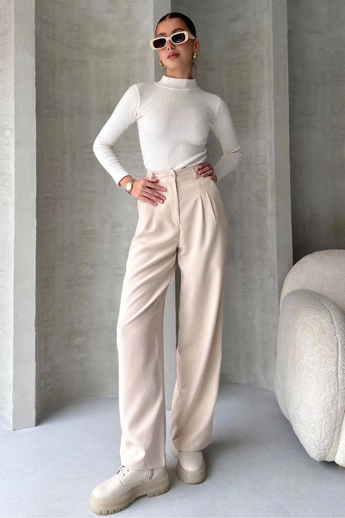 Bej Palazzo Pantolon Oversize Geniş Kesim Siyah Kumaş Pantolon - Görsel 6